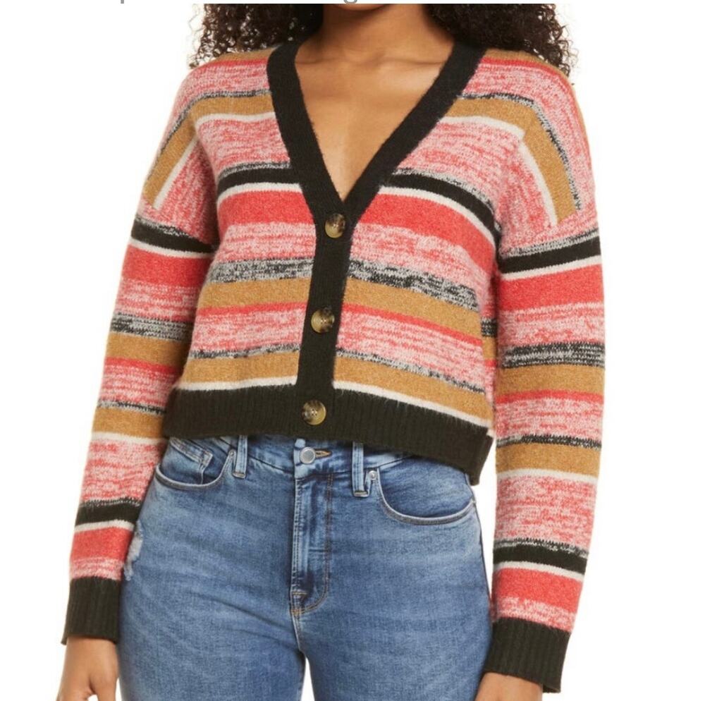 BP NEW Women's Black Coral Camel Stripped Cropped Cardigan Sz XS Cozy Layers
